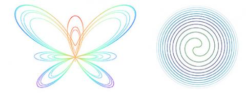Patterns in the shape of a butterfly and a Fermat spiral created by plotting parametric equations