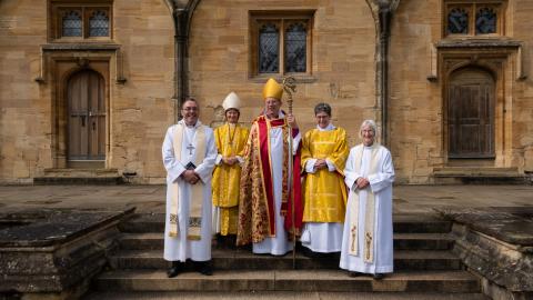 From left to right: The Rt Revd Bishop Cavin Collins; The Rt Revd Bishop Olivia Graham; The Rt Revd Bishop Steven Croft; The Very Revd Professor Sarah Foot, Dean of Christ Church; The Venerable Christine Allsopp, former Archdeacon of Northampton, Ordained in 1994. Bishop Gavin and Ven Christine wear white albs with their stoles, Bishop Olivia and Revd Professor Foot wear gold copes, and Bishop Steven wears the elaborate red and gold cope of the Bishop.