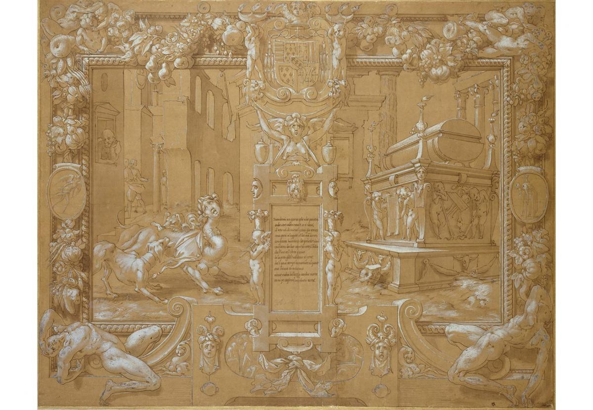 Rosso Fiorentino, An ornamental panel with scenes illustrating Petrarch, Pen and brown ink, with grey wash, heightened with white bodycolour on brown prepared paper, JBS 125. 
