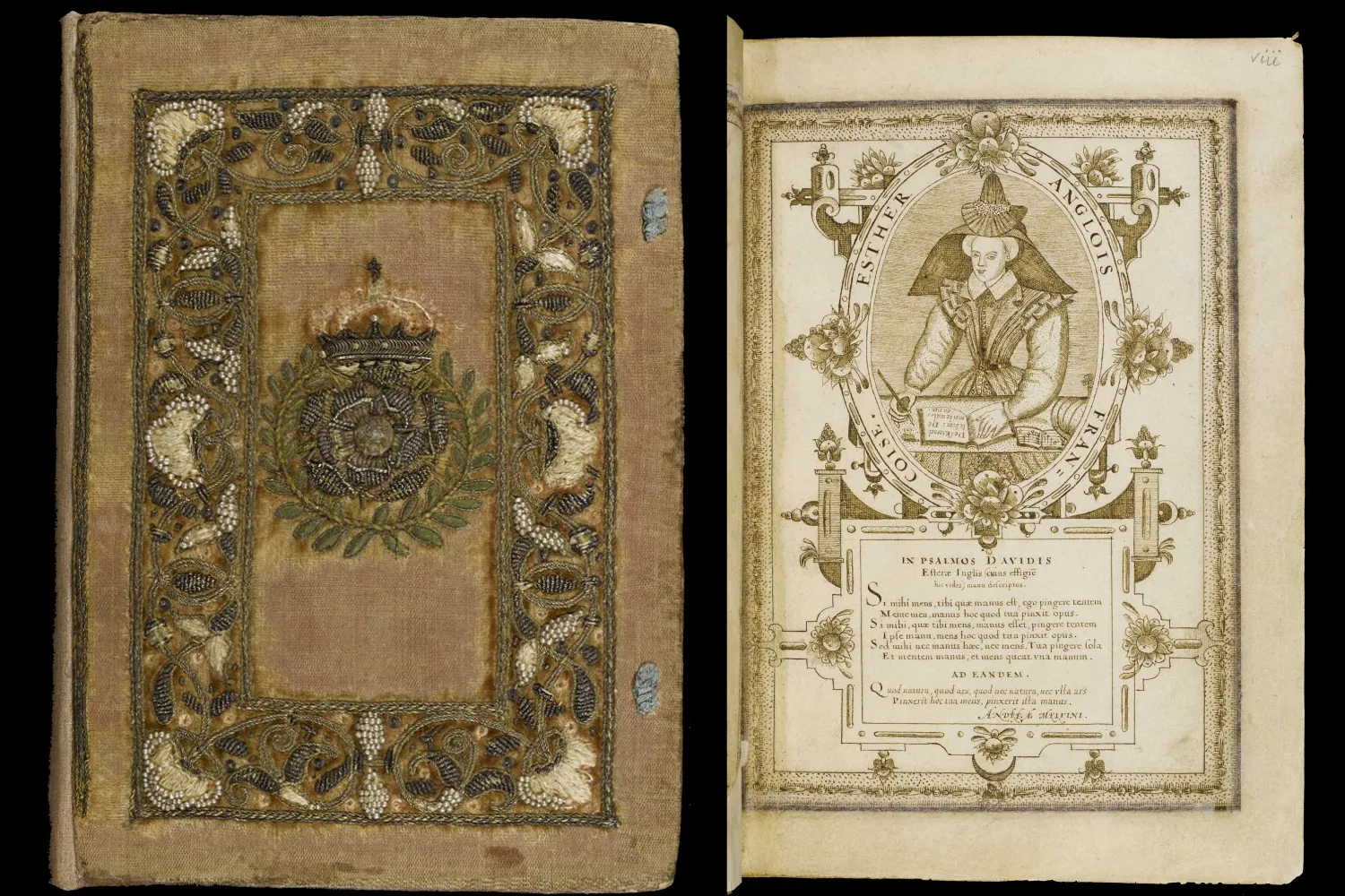 Photographs of the binding and opening page of Inglis' book of Psalms