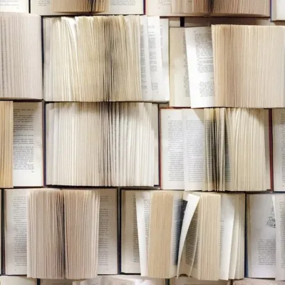 Rows of books with pages open