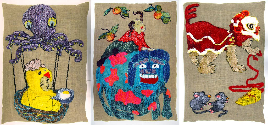 Fresh from the Nest; Filling your head with nonsense; Follow me. Blanket fort detail: floor cushions, Jan - Feb 2022. Hessian, Tufted cotton yarn, Stuffing. L 152 cm x W 101 cm x H 13 cm each