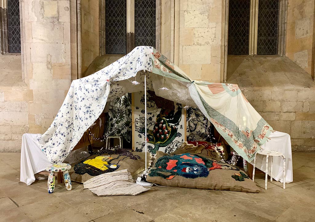 Blanket fort, installation at Christ Church antehall, Feb 2022. Approx H 2.5 m x W 4m x D 2 m