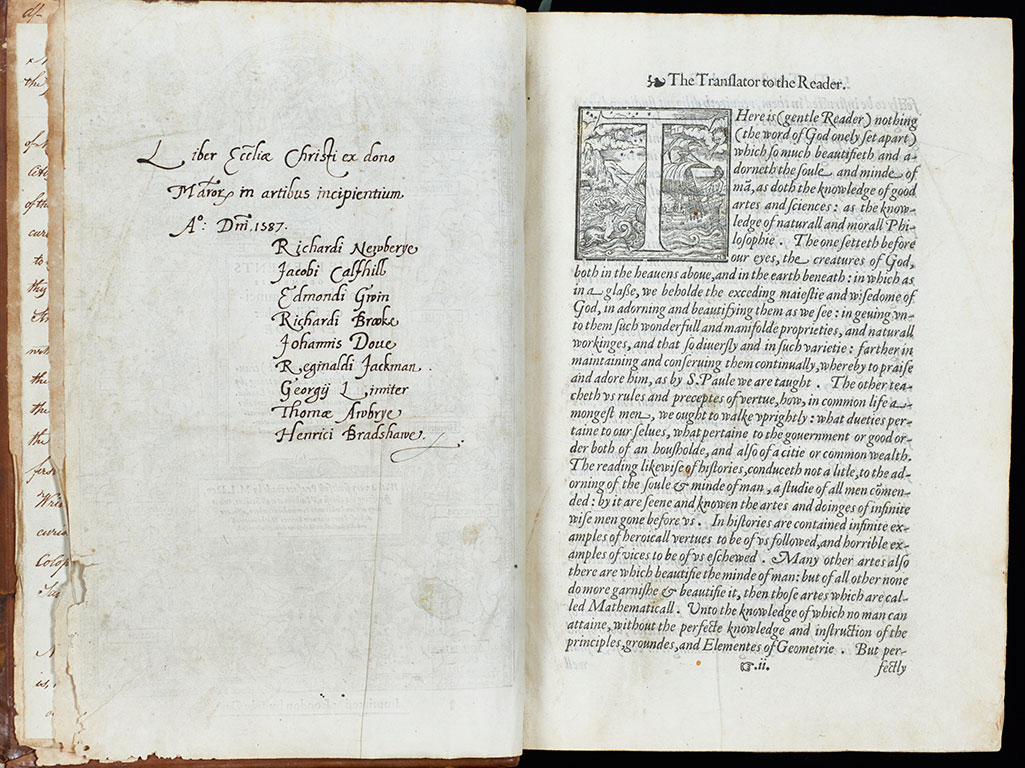 Front page with the names of the nine donors who gave the book to Christ Church in 1587