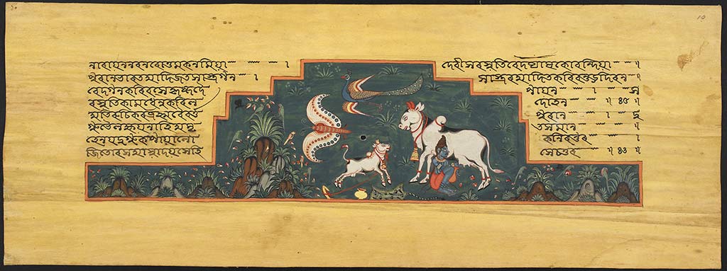 Folio 10r of the Brahmavaivarta Purāṇa (1806 CE, 210 folios made of aloe bark, copied by Jādurām Chāṅgakākatī, 400 paintings by Durgārāma Betha). © British Library Board, Or. 11387, f. 10r.