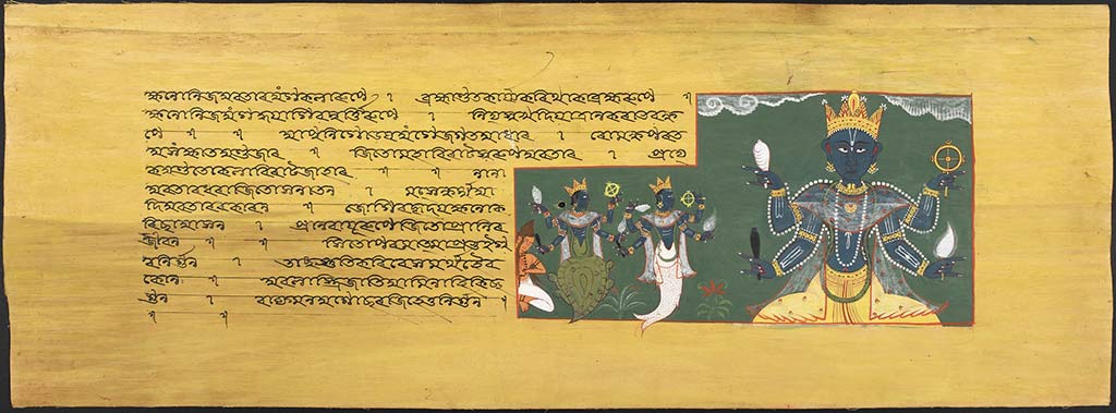 Folio 148r of the Brahmavaivarta Purāṇa (1806 CE, 210 folios made of aloe bark, copied by Jādurām Chāṅgakākatī, 400 paintings by Durgārāma Betha). © British Library Board, Or. 11387, f. 148r.