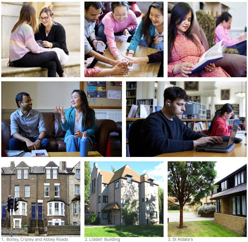 Photos of graduate students and the current accommodation buildings