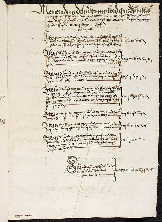 Amadas’ list of plate created for Cardinal College, 1528
