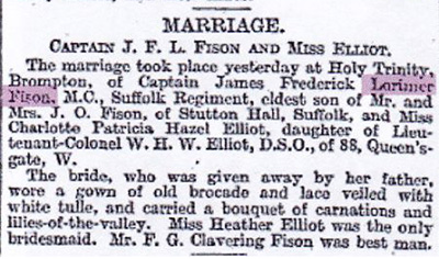 Announcement of the marriage of JFL Fison to Charlotte Elliot