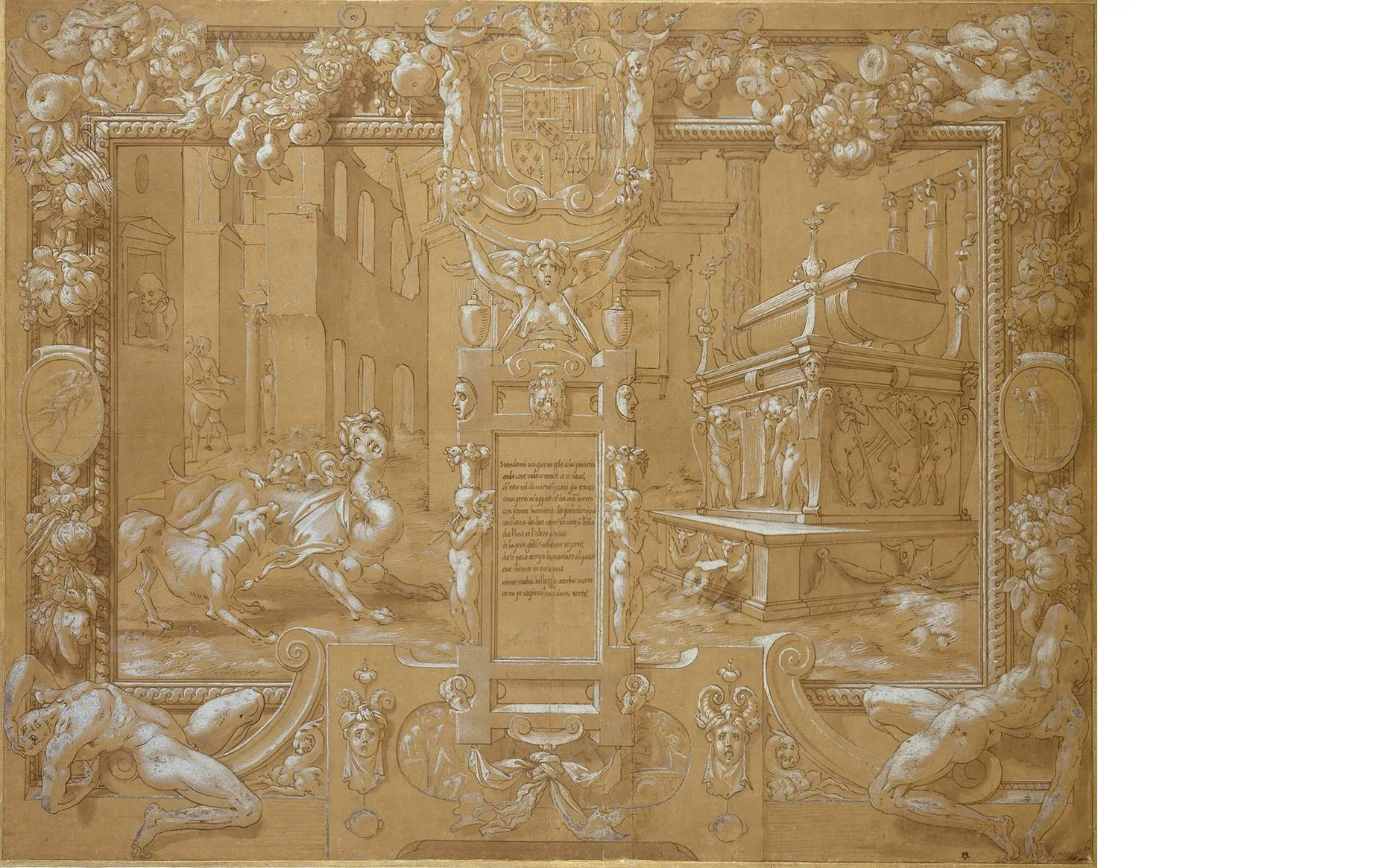 Rosso Fiorentino, An ornamental panel with scenes illustrating Petrarch, Pen and brown ink, with grey wash, heightened with white bodycolour on brown prepared paper, JBS 125. 