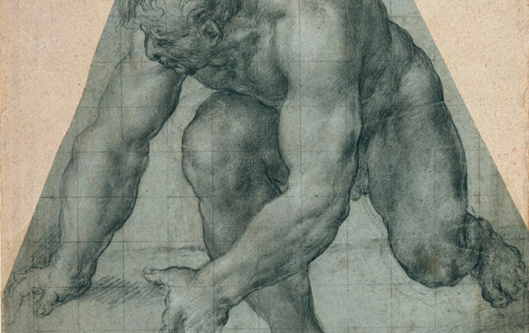 Sebastiano Filippi (c.1532-1602), A nude man, stooping towards left, Black chalk with a little white on blue paper, squared in black chalk