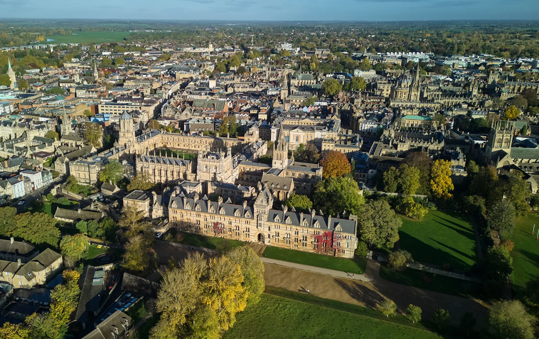 An aerial view over the Meadow Building and Oxford