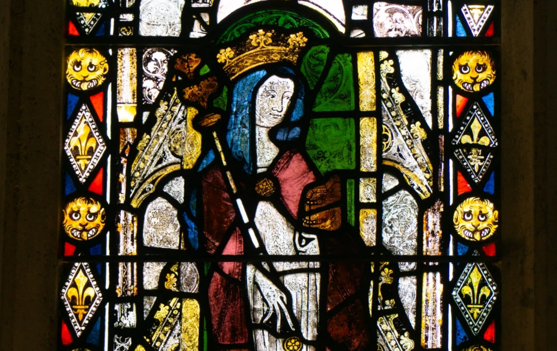The 14th century stained glass window of St Frideswide in the Cathedral