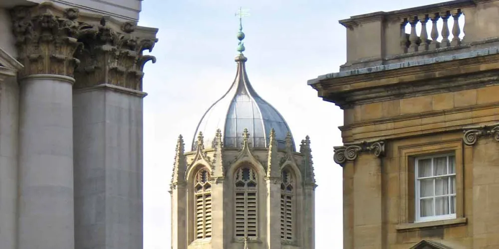 View of Tom Tower from Peck Quad past the Library