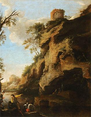 Painting ‘A Rocky Coast, with Soldiers Studying a Plan’ by Salvator Rosa