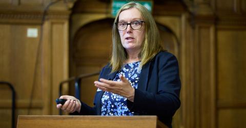 Professor Dame Sarah Gilbert delivers her opening address at Oxford Town Hall
