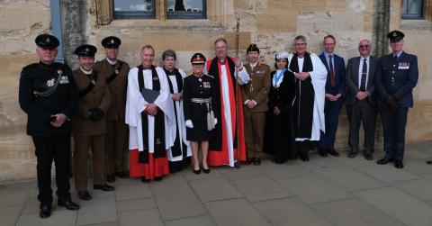 The Dean, Bishop of Oxford, Lord Lieutenant, High sheriff of Berkshire, and Archdeacon of Oxford, with Major General Peter Rowell and armed forces representatives following the signing of the Armed Forces Covenant