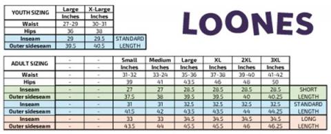 Sizing chart, Loones