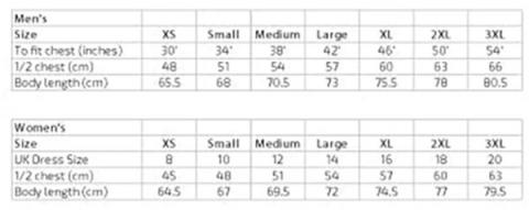 Sizing chart, brand: Square Blades, midlayer and gilet