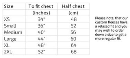 Sizing chart, brand: Square Blades, fleece