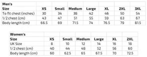 Sizing chart, brand: Square Blades, t-shirts