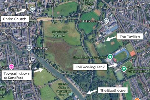 Map with overlays showing relative positions of rowing training venues