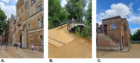 3 photos, A. Meadows Gate, B. Boathouse Island footbridge, C. the Boathouse