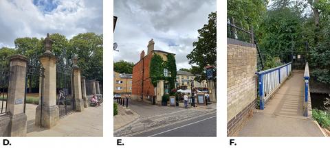 3 photos, D. Memorial Gate, E. Head of the River Pub, F. Footbridge
