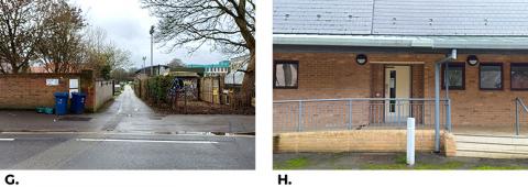 2 photos: G. entrance to the Sports Ground, H. door to the Pavilion