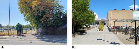 2 photos: J. entrance to Sports Centre grounds, K. entrance to Sports Centre