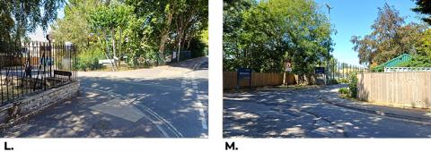 2 photos: L. entrance to Jackdaw Lane, M. vehicle entrance to Sports Centre