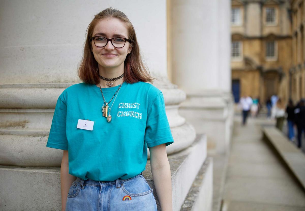 A student ambassador on the Library steps during open day 2023