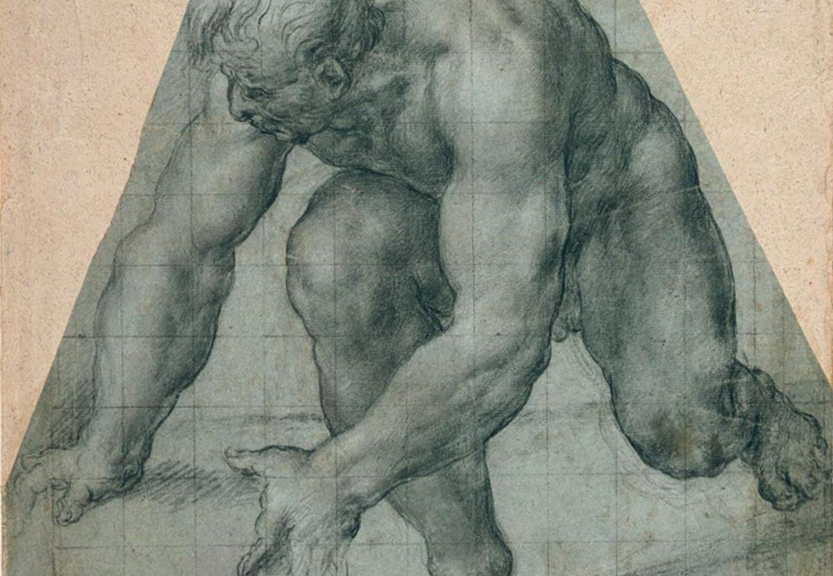 Sebastiano Filippi (c.1532-1602), A nude man, stooping towards left, Black chalk with a little white on blue paper, squared in black chalk