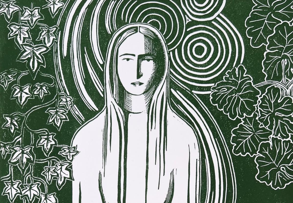 A linocut of St Frideswide by Sally Anne Stewart