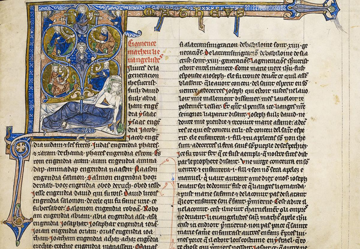 Detail of a Bible page, the opening of the Gospel of Matthew