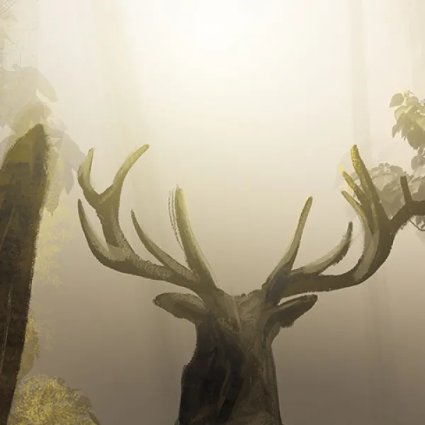Illustration of trees, with the back of a stag's head in the centre.
