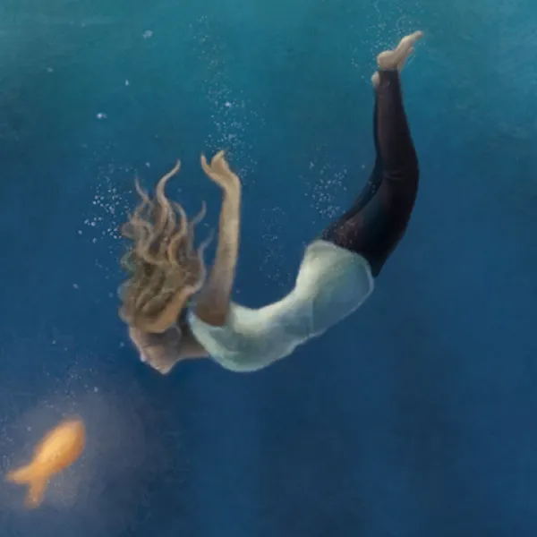 Artwork of a diving girl and glowing fish from the Underwater theme