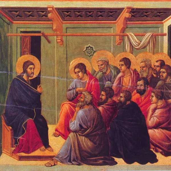 This early 14th century mural by the Italian master painter Duccio shows Jesus giving his farewell discourse to his gathered disciples