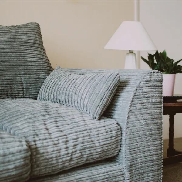 A grey, comfy looking sofa in a standard living room