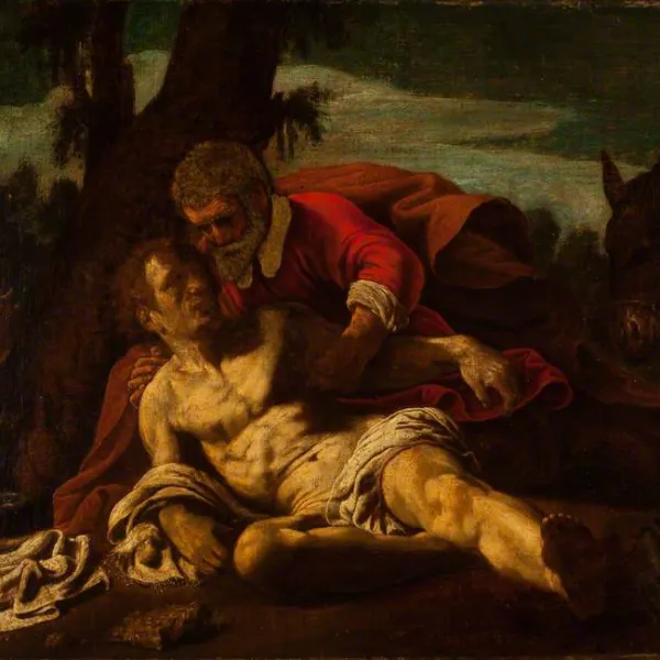 The Good Samaritan rescuing the traveller on the road to Jerusalem, as painted by Marcantonio Bassetti and exhibited in the Christ Church picture gallery.
