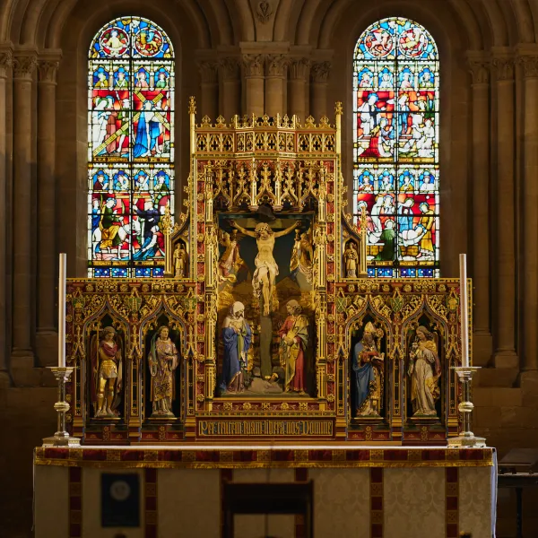 The high altar of the Cathedral, showing Jesus on the cross with his mother Mary and Mary Magdalene at the foot of the cross.