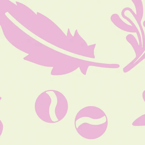 Pink silhouettes of feathers, mice, and a rattle bag against a light green background