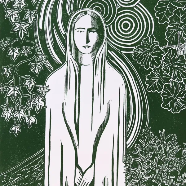A linocut of St Frideswide by Sally Anne Stewart
