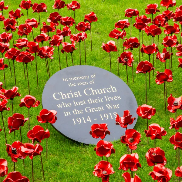 Ceramic poppies and a memorial plaque in Tom Quad for remembrance 