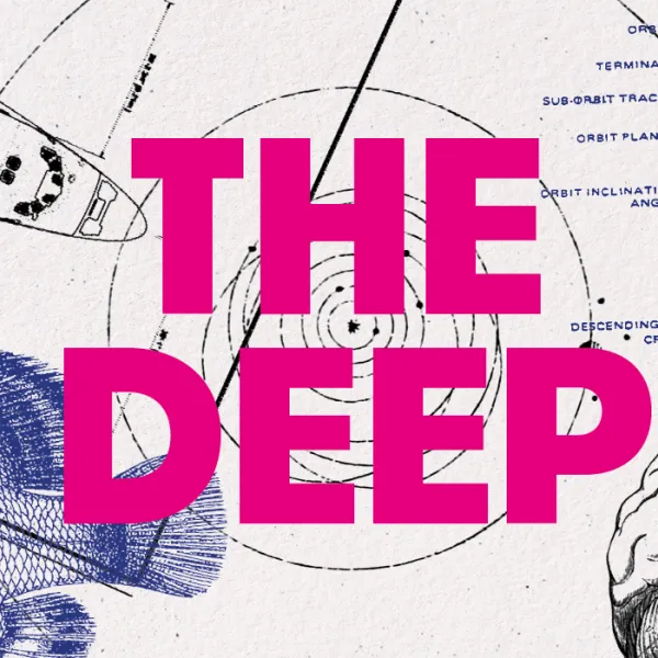 Banner reading 'The Deep' in bright pink text. with scientific drawings of a fish, a spaceship, and a brain.