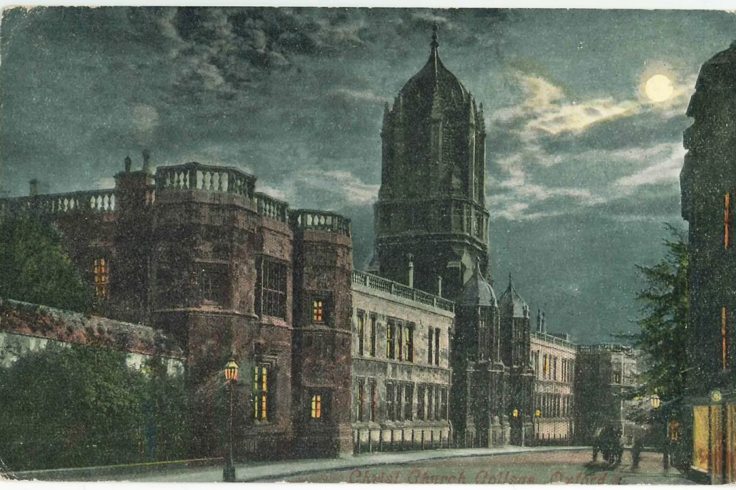 A postcard of a painting depicting the front of Christ Church