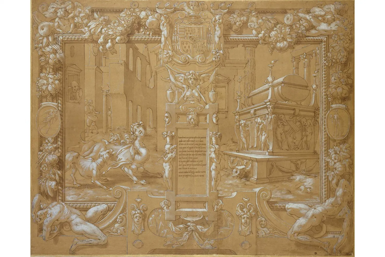 Rosso Fiorentino, An ornamental panel with scenes illustrating Petrarch, Pen and brown ink, with grey wash, heightened with white bodycolour on brown prepared paper, JBS 125. 