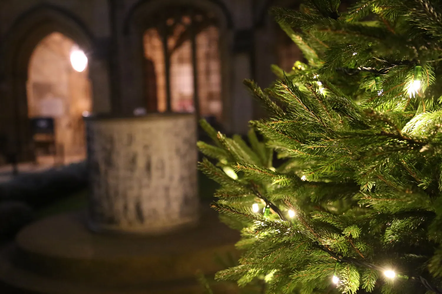 A lit christmas tree by the fountain in a dark cathedral cloisters gives a warm, cosy and festive feeling