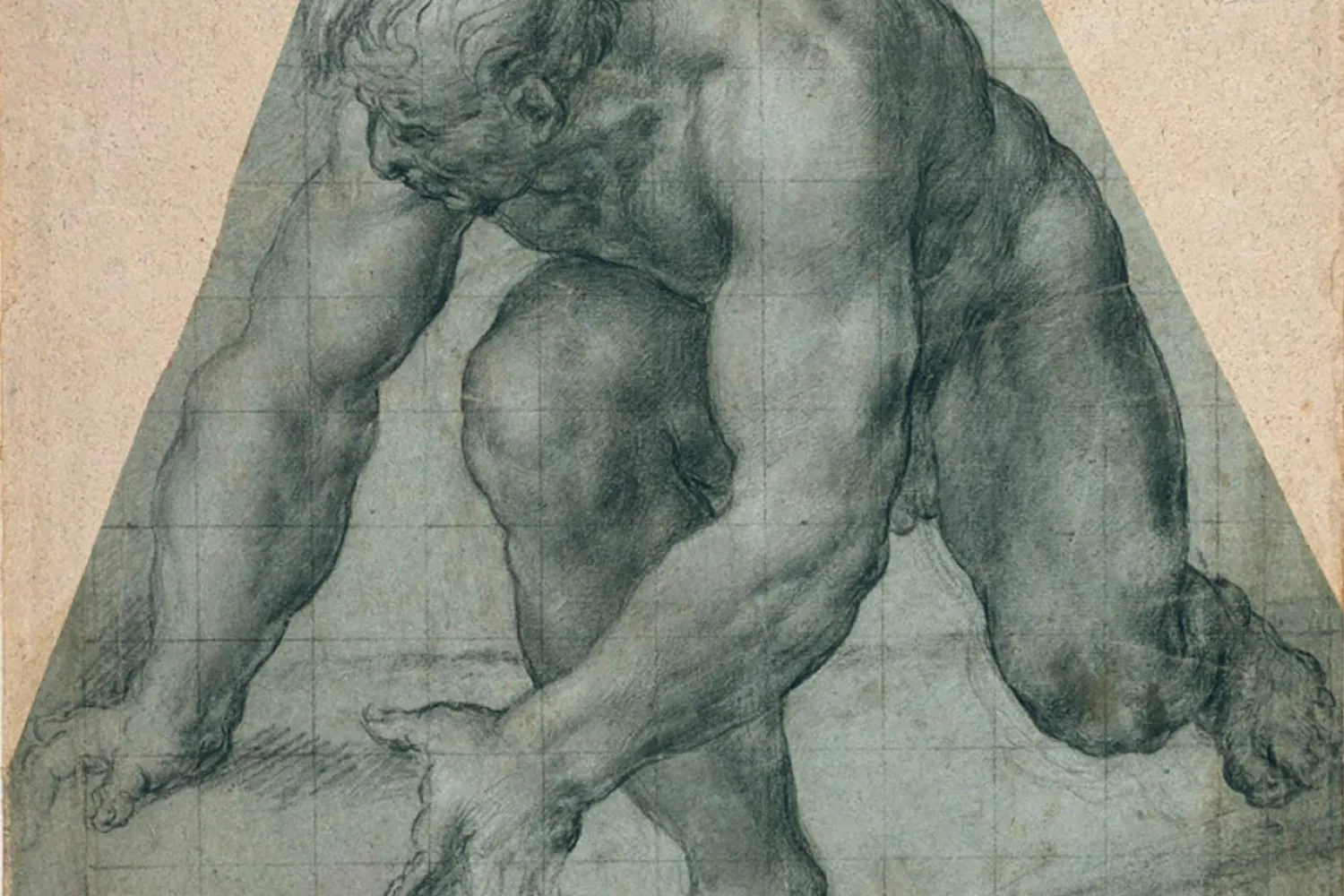 Sebastiano Filippi (c.1532-1602), A nude man, stooping towards left, Black chalk with a little white on blue paper, squared in black chalk