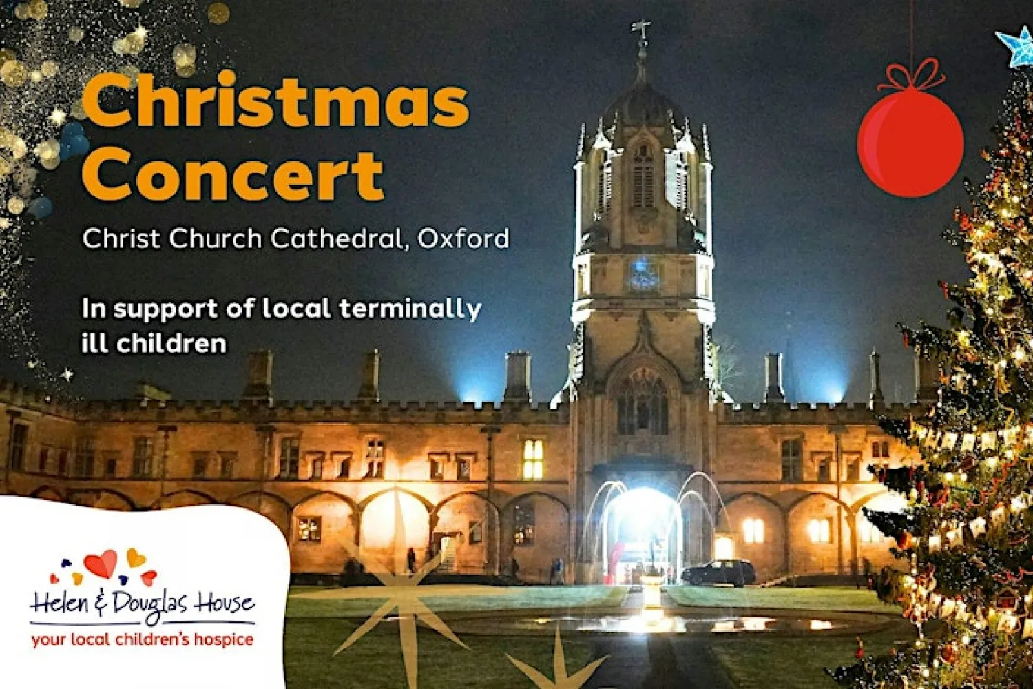 Banner image for the Helen and Douglas House Christmas concert of a dark but warmly lit Tom Quad with Christmas Tree